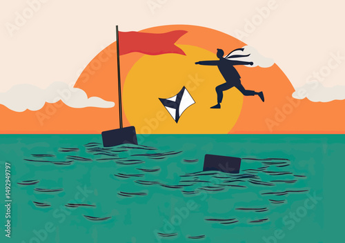 Business person jumping across floating obstacles in water towards red flag symbolizing success against sunset background flat vector illustration