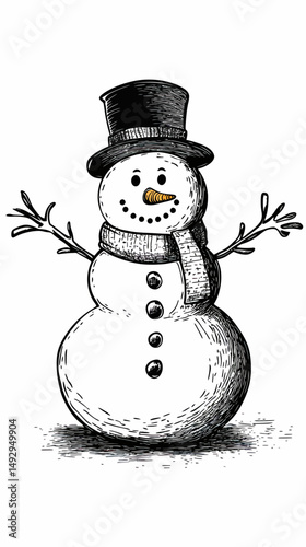 Hand-drawn black and white snowman with top hat, carrot nose, scarf, stick arms, button eyes and buttons on body in vintage engraving style outline vector illustration
