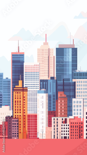 Colorful flat vector cityscape with tall modern office buildings and skyscrapers in minimalist urban skyline design illustration