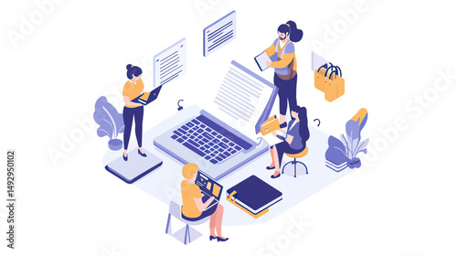 Isometric vector illustration of diverse women collaborating on digital content creation around oversized laptop with documents, notebooks, and plants