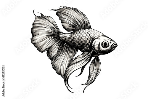 Betta Fish Engraving with Flowing Fins, Vintage Aquarium Pet Illustration, Retro Sea Creature, Black Monochrome Ocean Life Art, Trendy Home Decor, Hand-drawn Pet