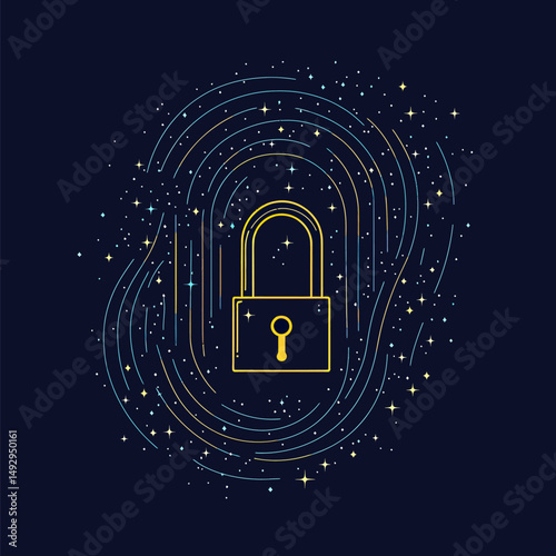 Golden padlock symbol surrounded by abstract starry sky lines and dots, secure digital data protection concept illustration on dark background vector
