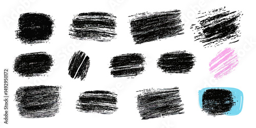 Set of fourteen hand drawn black chalk texture stains and one pink crayon stain with rough edges on white background in flat vector style for design elements and backgrounds