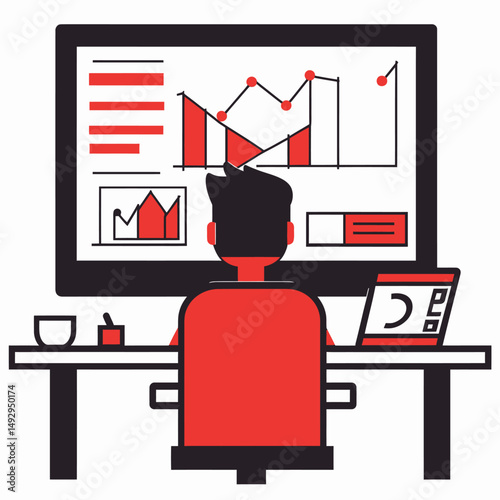 Business analyst working with data visualization charts and graphs on computer monitor and laptop in modern office workspace flat vector illustration