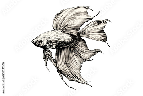 Hand-drawn Betta Fish with Flowing Fins, Vintage Style Engraving, Monochrome Retro Ocean Life Art, Trendy Sea Creature, Black Aquarium Pet, Decorative Wall Art