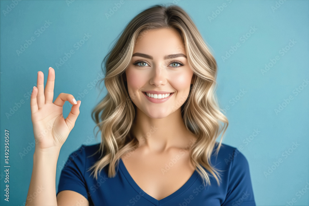 Fototapeta premium A smiling young woman with long, wavy blonde hair makes an okay sign with her hand against a teal background.