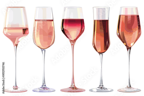 Glasses with different wine in a row, isolated on white background.