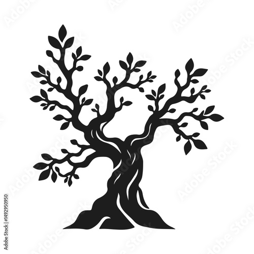 Stylized tree silhouette with curved trunk and leaves, nature emblem for eco design, or logo concept, tree vector silhouette, nature symbol, eco logo, forest emblem