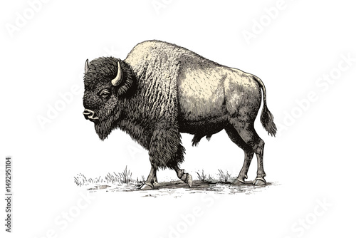 Antique Bison Engraving, Monochrome Etching of Wildlife, Retro Animal Sketch, Hand-drawn Vintage Art, Walking Bison, American Mammal, Old Style Illustration