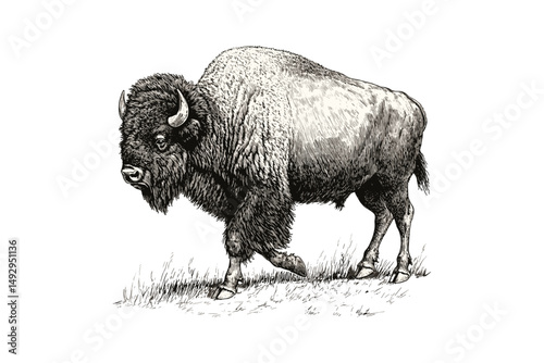 Vintage Bison Walking Illustration, Hand-drawn Wildlife Art, Retro Animal Etching, Monochrome Sketch, American Mammal, Antique Style Engraving, Vintage Art, Trendy Bison Design