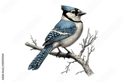 Vintage Engraving of Blue Jay Perched on Branch, Hand-drawn Ornithology Illustration, Retro Bird Sketch, Monochrome Nature Art, Antique Wildlife Drawing