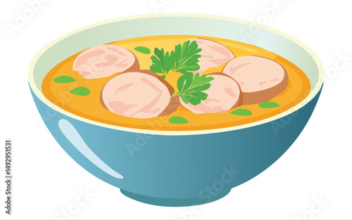Meat Soup with Coriander - Vector Illustration