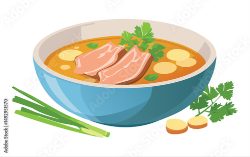 Sliced Ham Soup with Potatoes - Vector Illustration