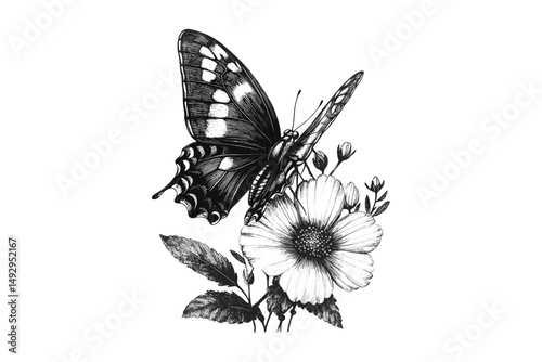 Vintage Butterfly Perched on Flower, Monochrome Insect Drawing, Hand-drawn Wildlife Print, Rustic Fauna Illustration, Black Sketch, Antique Etching, nature print, wildlife sketch