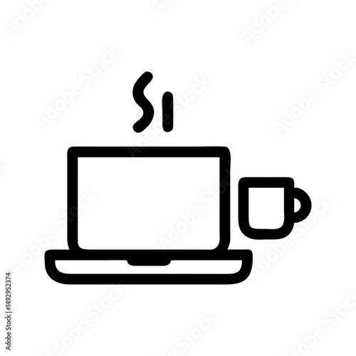 Laptop with coffee remote icon. Laptop and cup enhancing cozy work environment.