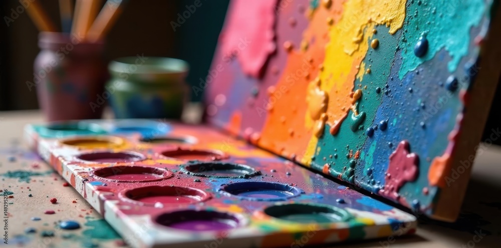 Close-up paint on artist's palette, easel in background , still life, artist tools Close-up paint on artist's palette, easel in background , still life, artist tools