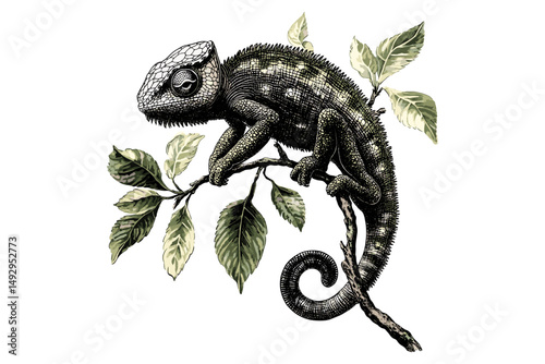 Hand-drawn Lizard Sketch, Retro Wildlife Engraving, Vintage Reptile Illustration, Monochrome Chameleon Etching, Black and White Nature Art, Trendy Animal Illustration