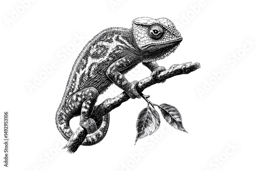 Vintage Chameleon Engraving, Lizard Hand-drawn Illustration, Retro Wildlife Sketch, Monochrome Etching, Trendy Reptile Art, Colorful Creature, Tree Climbing Creature