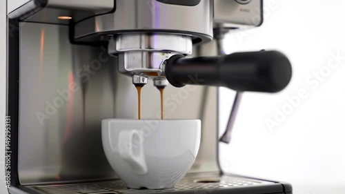 Silver Espresso Machine Dispensing Dark Brown Coffee into White Ceramic Cup with Clean White Background Perfect for Decoration Near Eye Level
