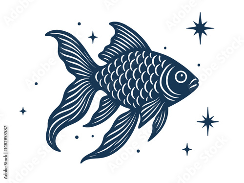 fish with stars stylized engraving vector illustration