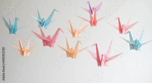 Pastel Origami Cranes Flutter Gently Against White Wall. AI Generated