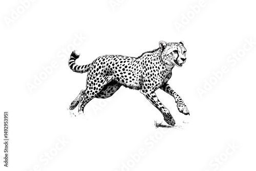 Rustic Cheetah Sketch, Vintage Wild Animal Illustration, Monochrome Safari Etching, Old Engraving Art Style, Hand-drawn Line Artwork, black wild cat illustration