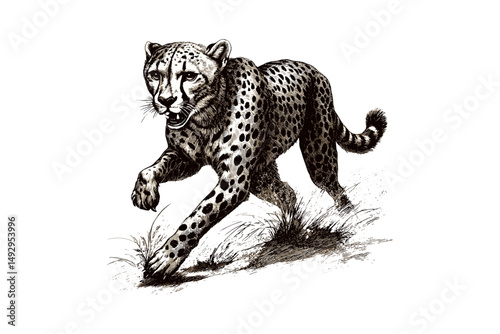 Cheetah Line Drawing, Vintage Wildlife Etching, Safari Animal Print, Hand-drawn Monochrome Sketch, Rustic Wild Fauna Art, Antique Illustration Style, black and white safari art