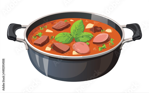 Spicy Meat Soup in Black Bowl - Vector Illustration