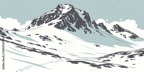 Snowy mountain peak artwork in minimalist style.