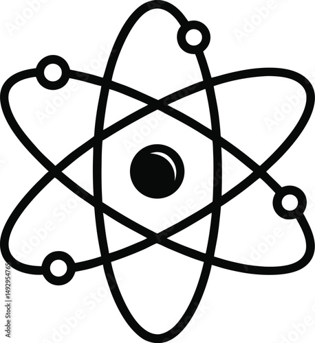 "Black line art of an atom model with orbiting electrons."