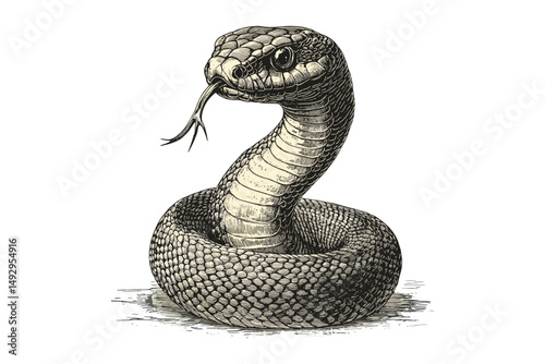 Antique Snake Illustration, Cobra Engraving in Vintage Etching Style, Monochrome Wildlife Sketch, Retro Hand-drawn Nature Art, detailed serpent drawing, rustic reptile artwork
