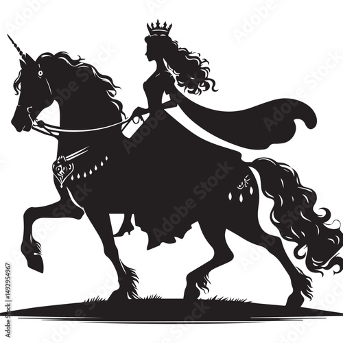 silhouette of a princess riding a horse, editable vector image