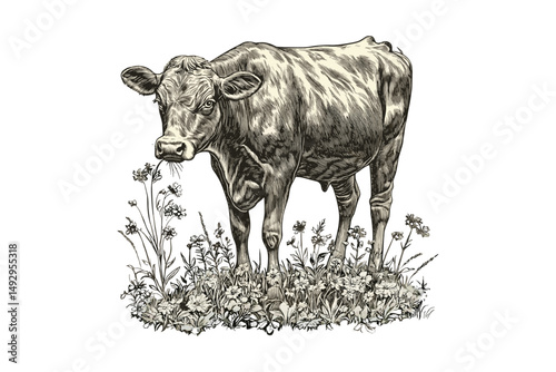 Cow Sniffing Grass in Vintage Etching Style, Hand-Drawn Monochrome Farm Animal, Old Sketch Drawing for Rustic Decor, Traditional Country Illustration, farmhouse wall print