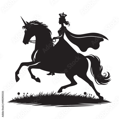 silhouette of a princess riding a horse, editable vector image