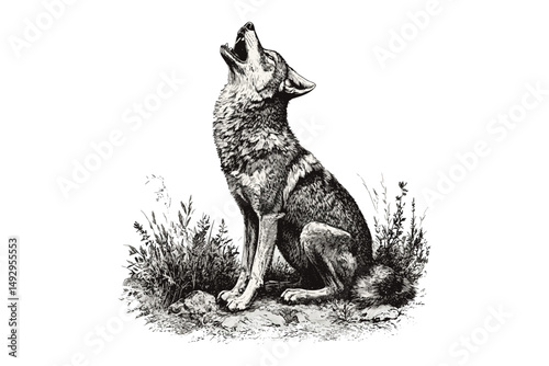 Vintage Coyote Howling Sketch, Antique Style Animal Drawing, Retro Wildlife Illustration, Hand-drawn Predator Etching, Forest Scene Art, monochrome wildlife wall decor,