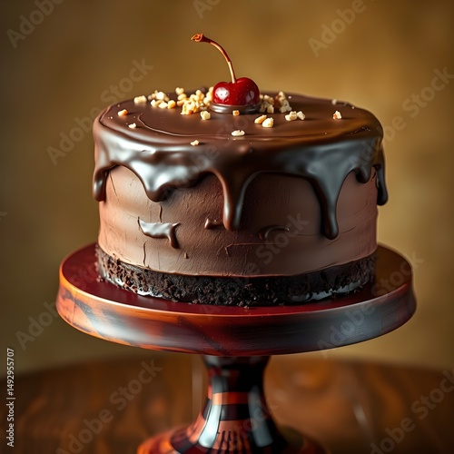 A rich, chocolate cake, frosted with a thick layer of decadent dark chocolate ganache, sits majestically on a pedestal-style cake stand.