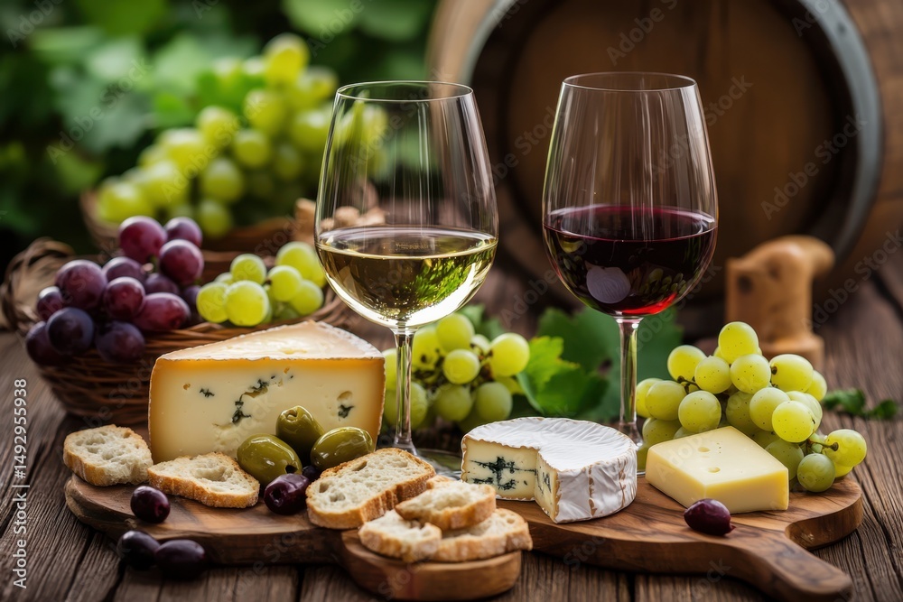 Wine and cheese arrangement with grapes and olives on a wooden board. use cases: food photography, restaurant menu, wine tasting event. Wine and cheese arrangement with grapes and olives on a wooden board. use cases: food photography, restaurant menu, wine tasting event.