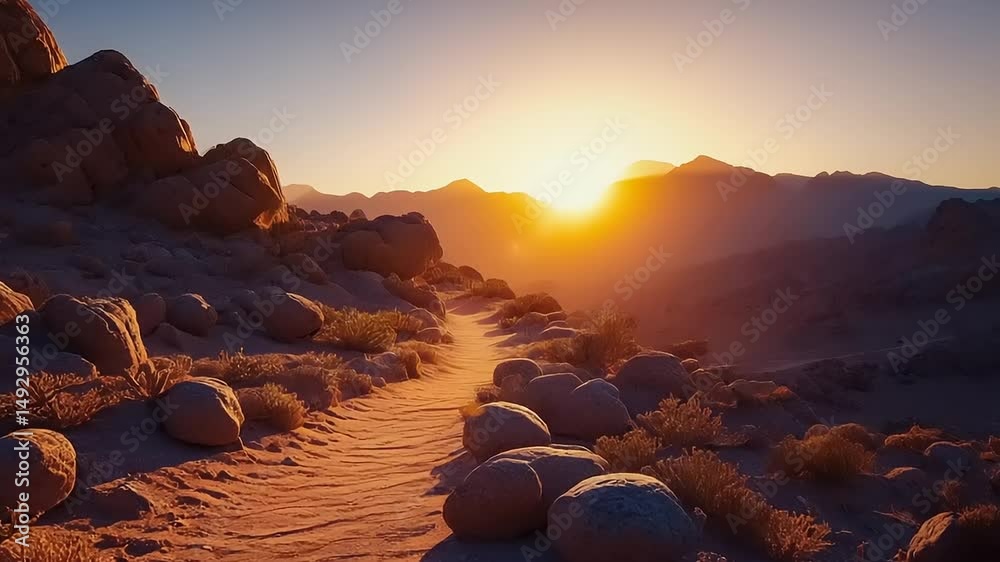 Sunrise path through rocky desert landscape.