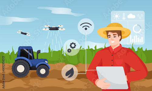 Farmer using smart farm technology with drones, data icons, and tractor on field background. Concept of modern agriculture. Vector illustration