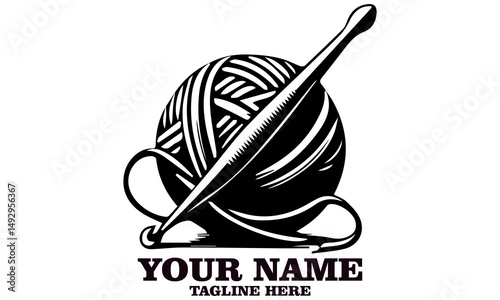 illustration knitting, crocheting. ball of wool and crochet hook isolated on white background. Handmade crochet and knitting logo design, Handmade crochet and knitting vector illustration