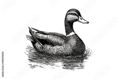 Behang Engraving of Duck in Water, Vintage Bird Illustration, Ornithological Print, Mon