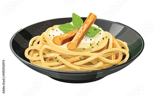 Creamy Spaghetti with Breadstick Garnish - Vector Illustration