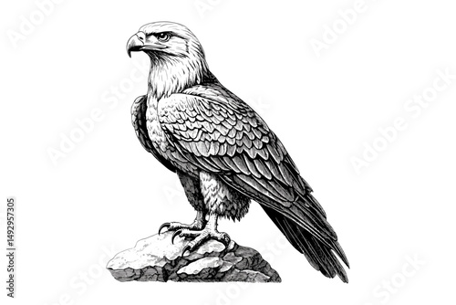 Retro Bird of Prey Etching, Hand-Drawn Eagle in Black Sketch, Old Engraving Style, Nature Inspired Wall Art, Vintage Wildlife Print, Minimalist Forest Animal Illustration