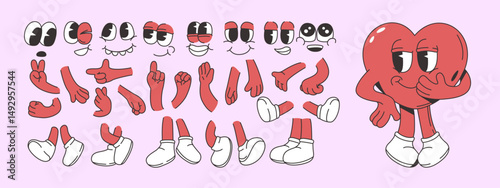 Cartoon heart character set with various facial expressions, hands, and legs in a playful comic style on a pastel background. Vector illustration