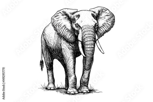 Black Sketch of Elephant, Hand-drawn Safari Animal, Vintage Monochrome Etching, Rustic Wildlife Illustration, African Mammal Line Art, Old Engraving Style