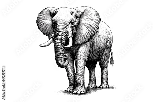 Monochrome Elephant Illustration, Rustic Safari Mammal Drawing, Vintage Wildlife Etching, Hand-drawn Line Art, African Jungle Animal Sketch, old style engraving