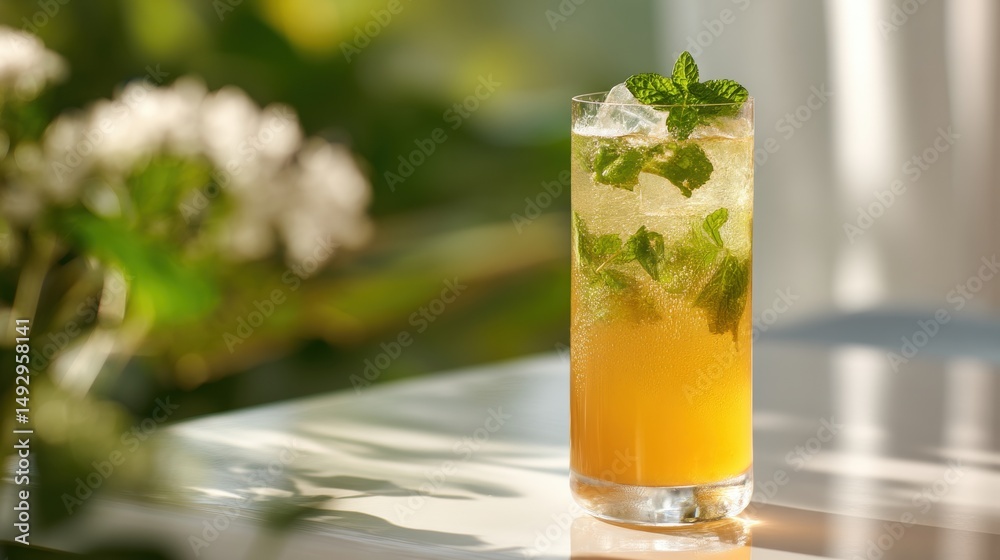 Fresh Crisp Mint Cocktail with Ice Garnished in a Tall Glass under Natural Light