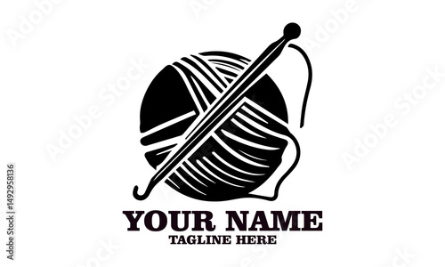 illustration knitting, crocheting. ball of wool and crochet hook isolated on white background. Handmade crochet and knitting logo design, Handmade crochet and knitting vector illustration