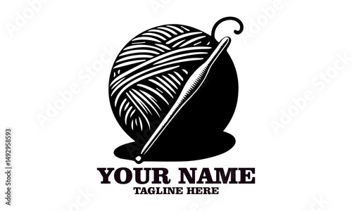 illustration knitting, crocheting. ball of wool and crochet hook isolated on white background. Handmade crochet and knitting logo design, Handmade crochet and knitting vector illustration