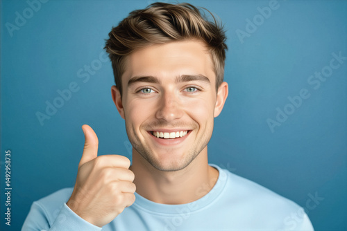 A young man with light brown hair and blue eyes gives a thumbs-up while smiling broadly against a solid blue background.